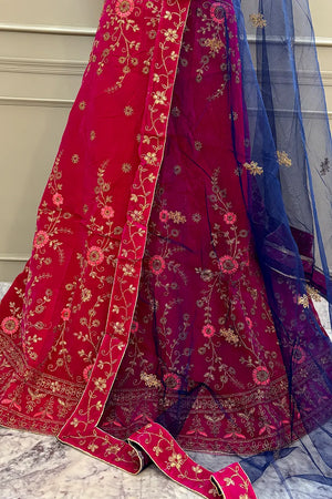 Rani Pink and Blue Zariwork Semi Stitched Velvet Lahenga
