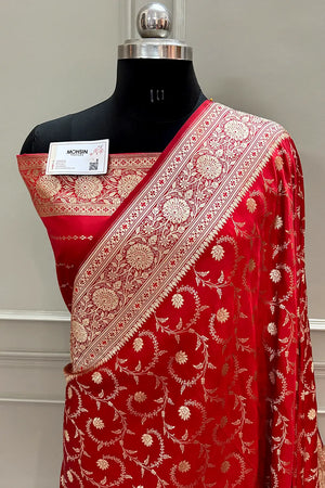 Red Eragon Jaal Katan Silk Banarasi Saree