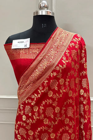 Red Golden Zari Georgette Silk Banarasi Saree