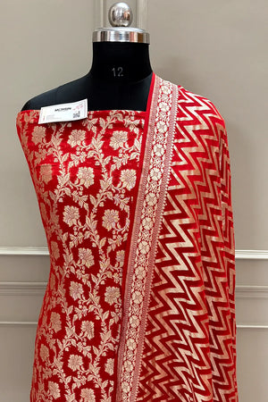Red Golden Zari Pure Georgette Silk Banarasi Suit
