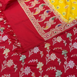 Red and Yellow Golden Zari Katan Silk Banarasi Saree
