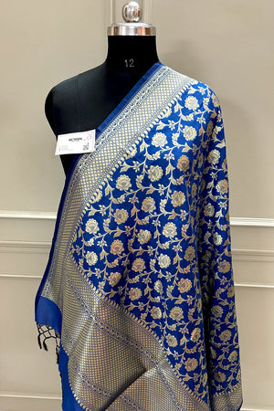 Royal Blue Golden Zari Katan Silk Banarasi Dupatta