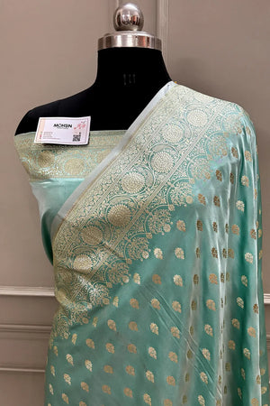 Sea Green Golden Zari Katan Silk Banarasi Saree