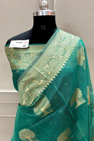 Sea Green Resham Zari Cotton Silk Banarasi Saree