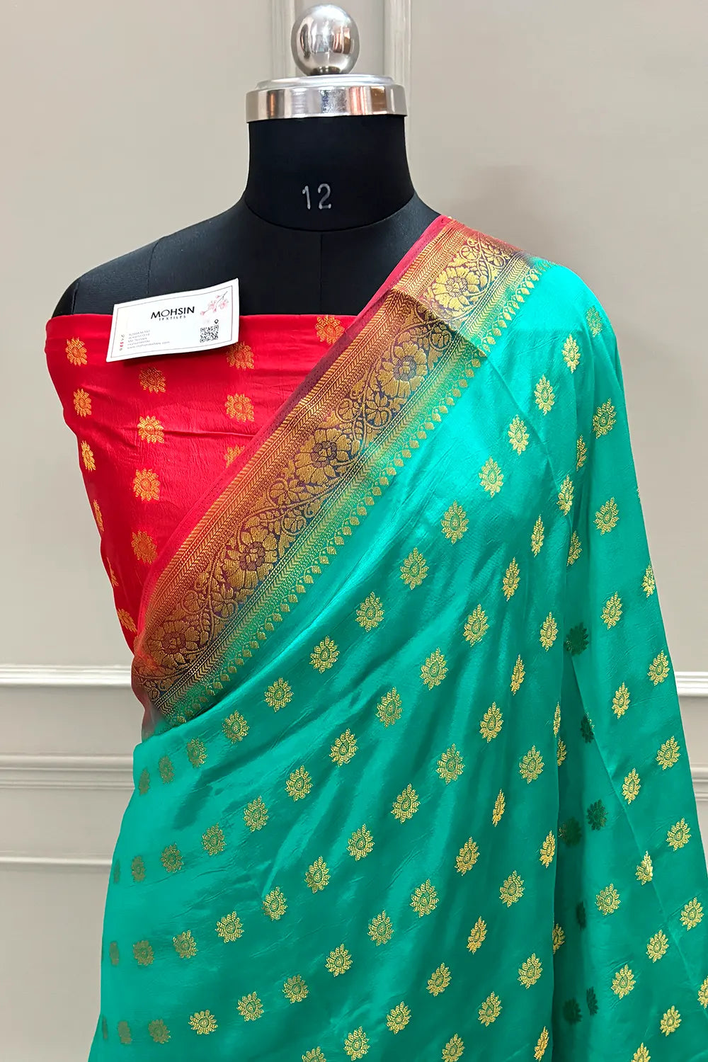Sea Green and Red Golden Zari Silky Banarasi Saree