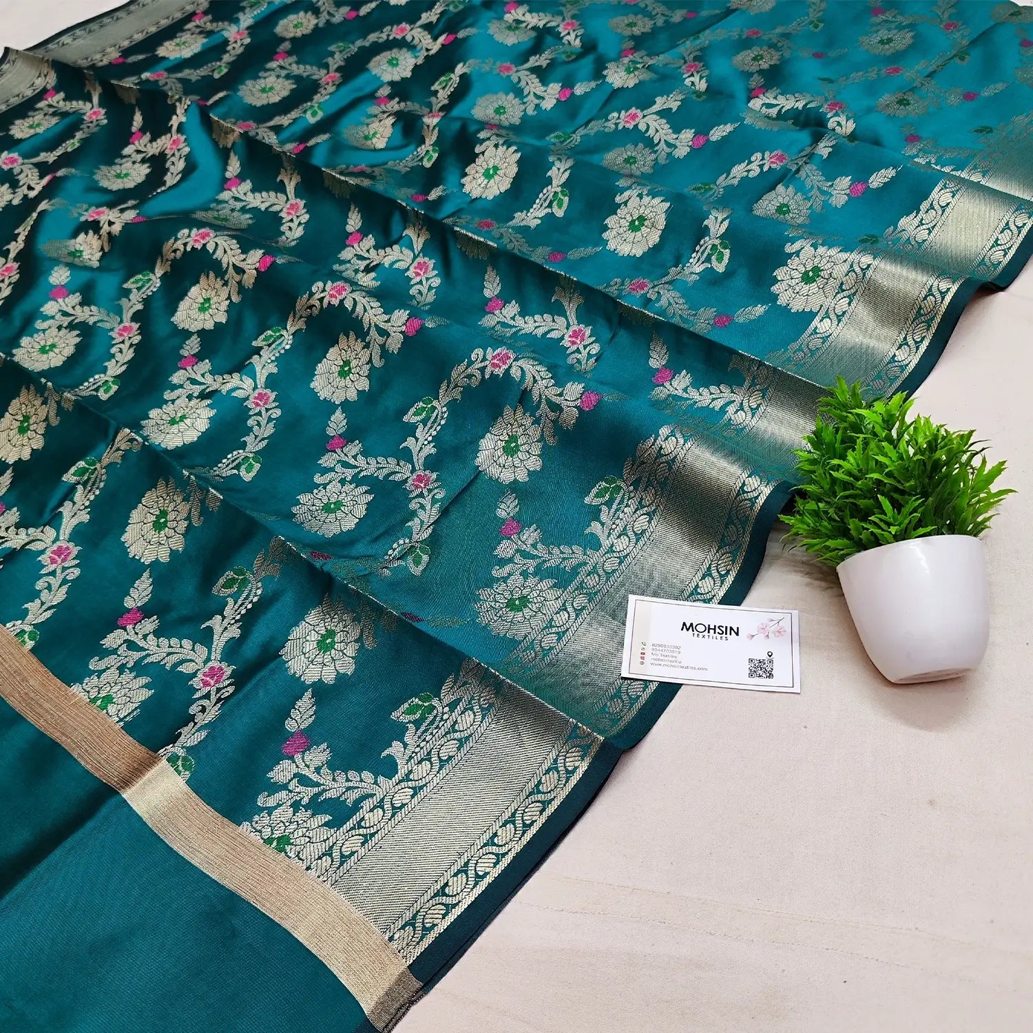 Teal Meenakari Satin Silk Banarasi Dupatta