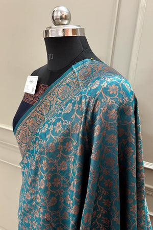 Teal and Navy Blue Antique Zari Silky Banarasi Saree