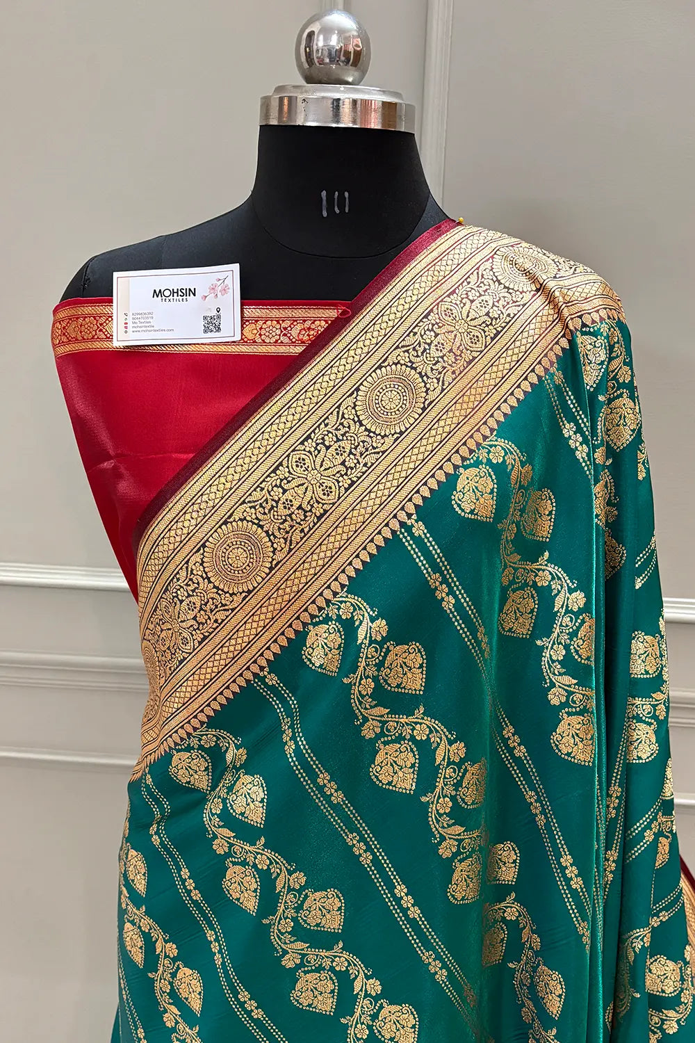 Teal and Red Latar Patti Katan Silk Banarasi Saree