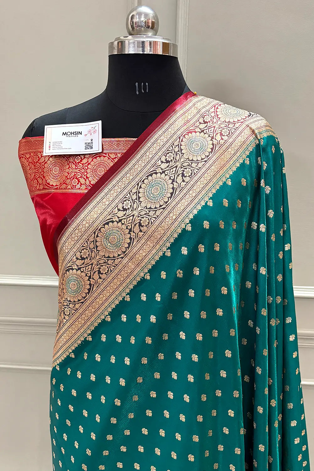 Teal and Red Makkhi Buti Katan Silk Banarasi Saree