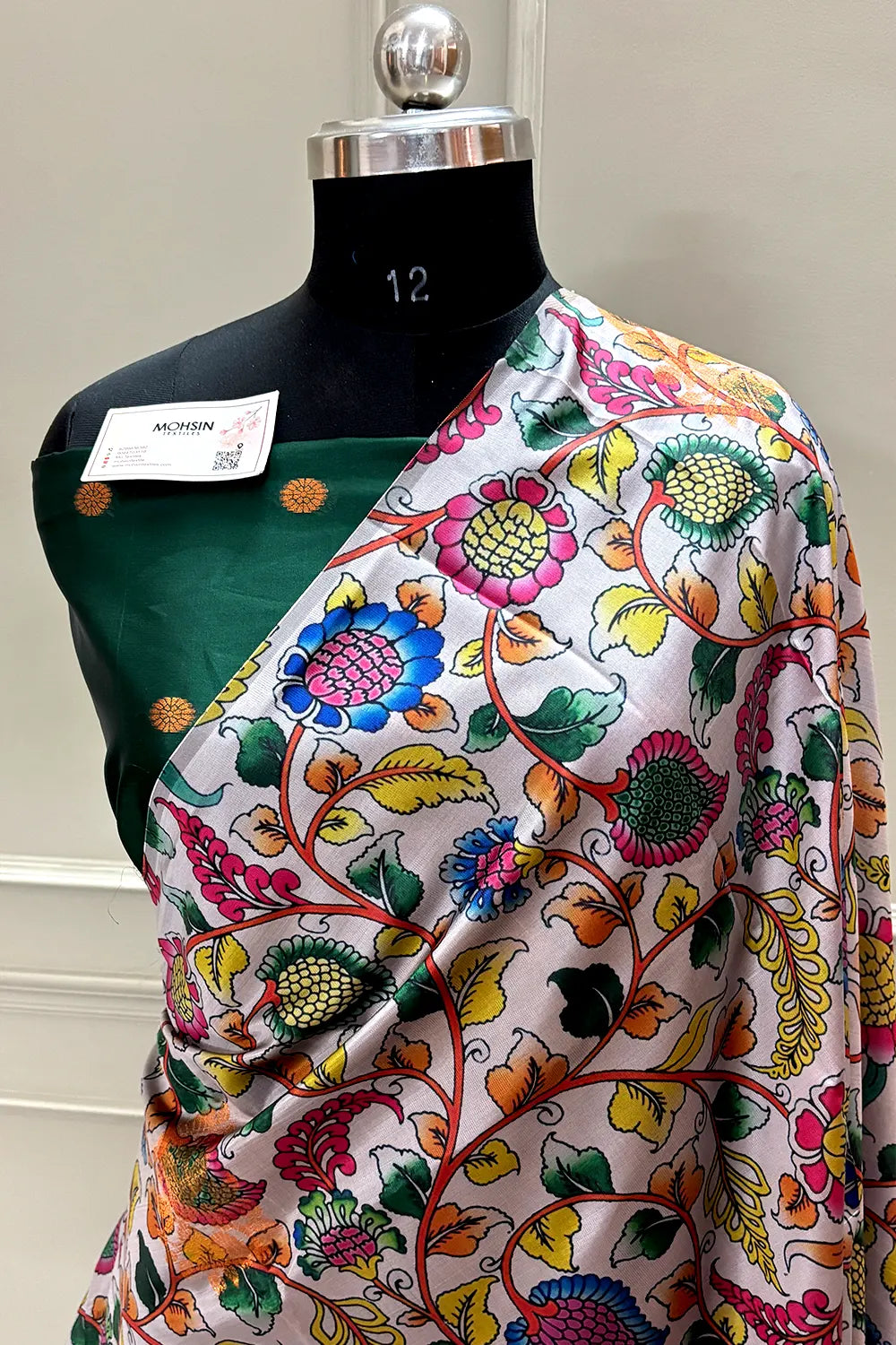 White and Bottle Green Printed Silk Saree