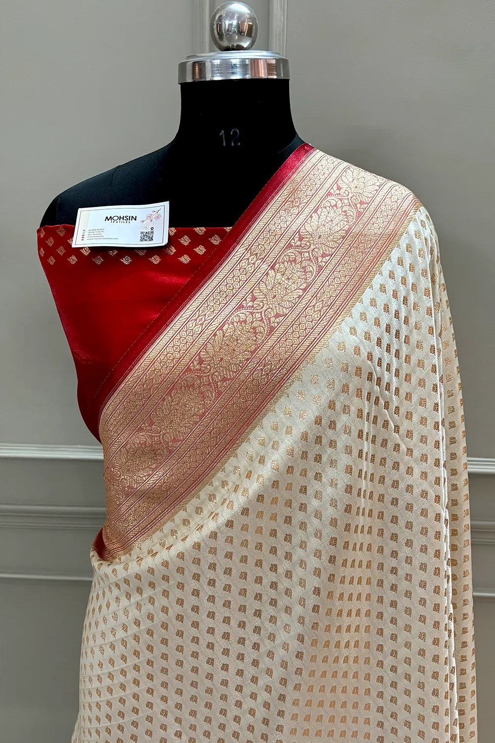 White and Red Golden Zari Katan Silk Banarasi Saree