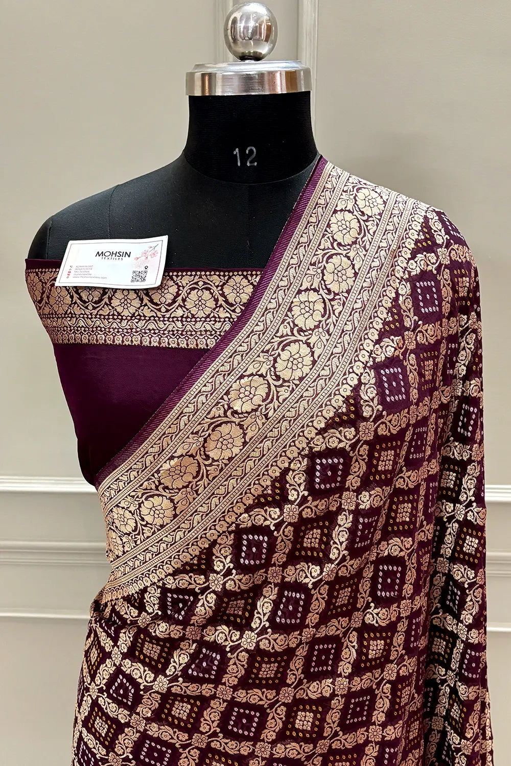 Wine Bandhej Georgette Silk Banarasi Saree