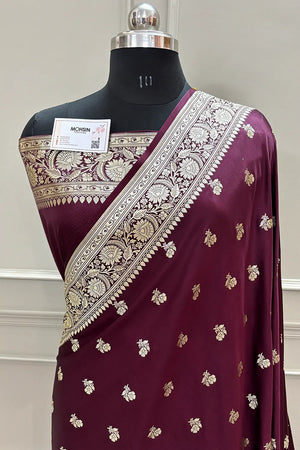 Wine Chaman Buti Katan Silk Banarasi Saree