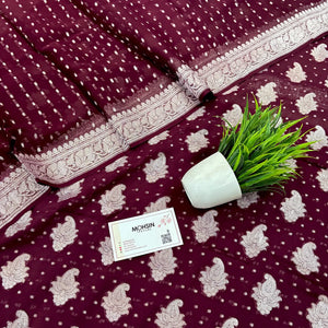 Wine Golden Zari Georgette Silk Banarasi Suit