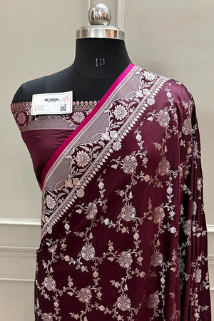 Wine Jhanjaal Katan Silk Banarasi Saree