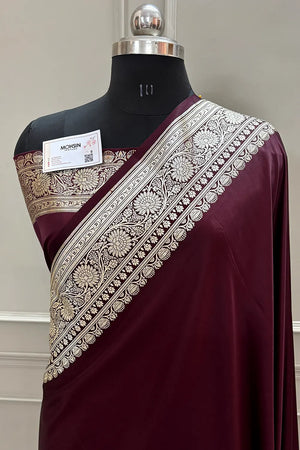 Wine Plain Golden Zari Katan Silk Banarasi Saree