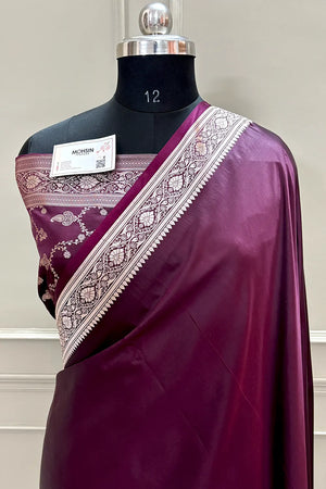 Wine Plain Zari Border Katan Silk Banarasi Saree