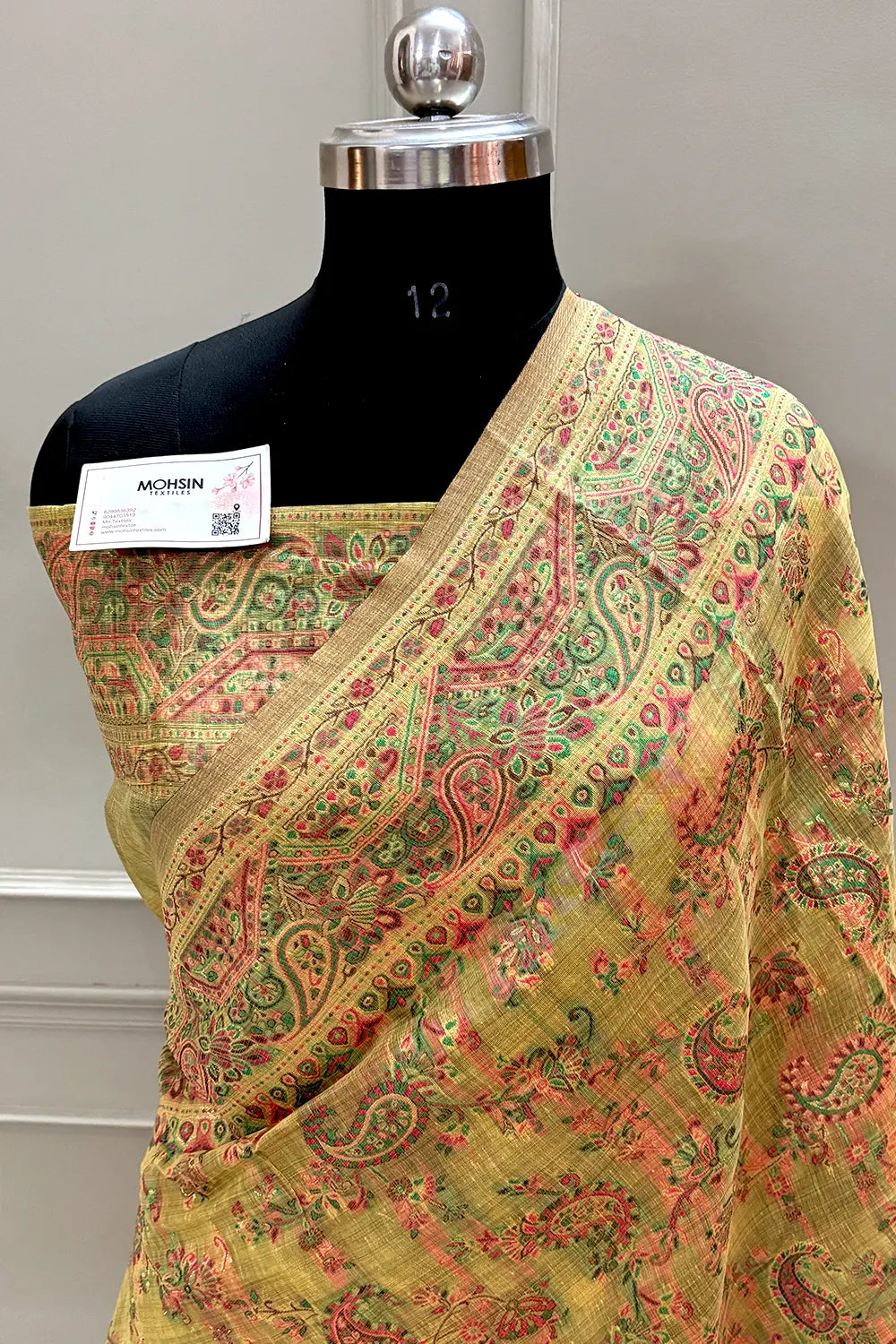 Yellow Printed Linen Silk Banarasi Saree