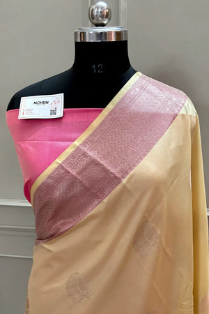 Yellow and Pink Golden Zari Banarasi Silk Saree