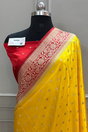 Yellow and Red Golden Zari Katan Silk Banarasi Saree