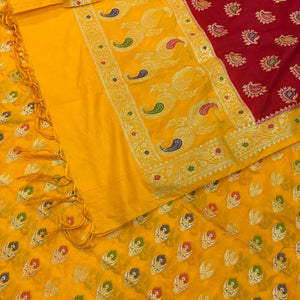 Yellow and Red Golden Zari Katan Silk Banarasi Suit