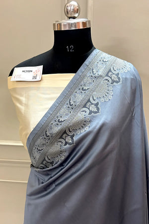 Grey and Beige Plain Resham Silk Banarasi Saree