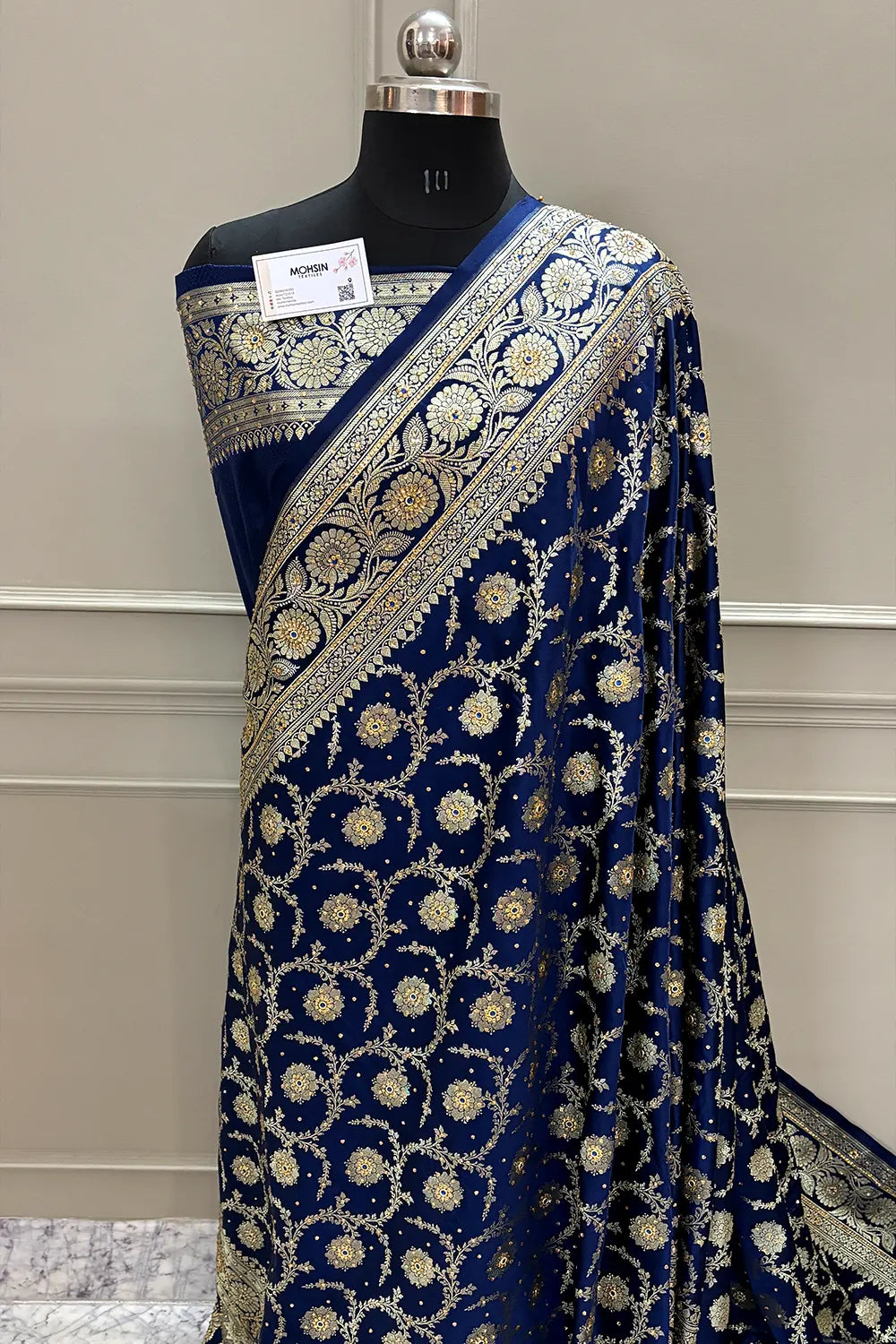 Navy Blue Murmuri Jaal Stone Work Katan Silk Banarasi Saree
