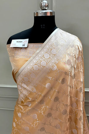 Orangish Peach Ropeway Jaal Katan Silk Banarasi Saree