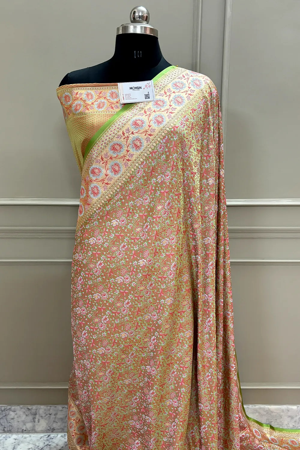 Pista and Baby Pink Jungli Jaal Katan Silk Banarasi Saree