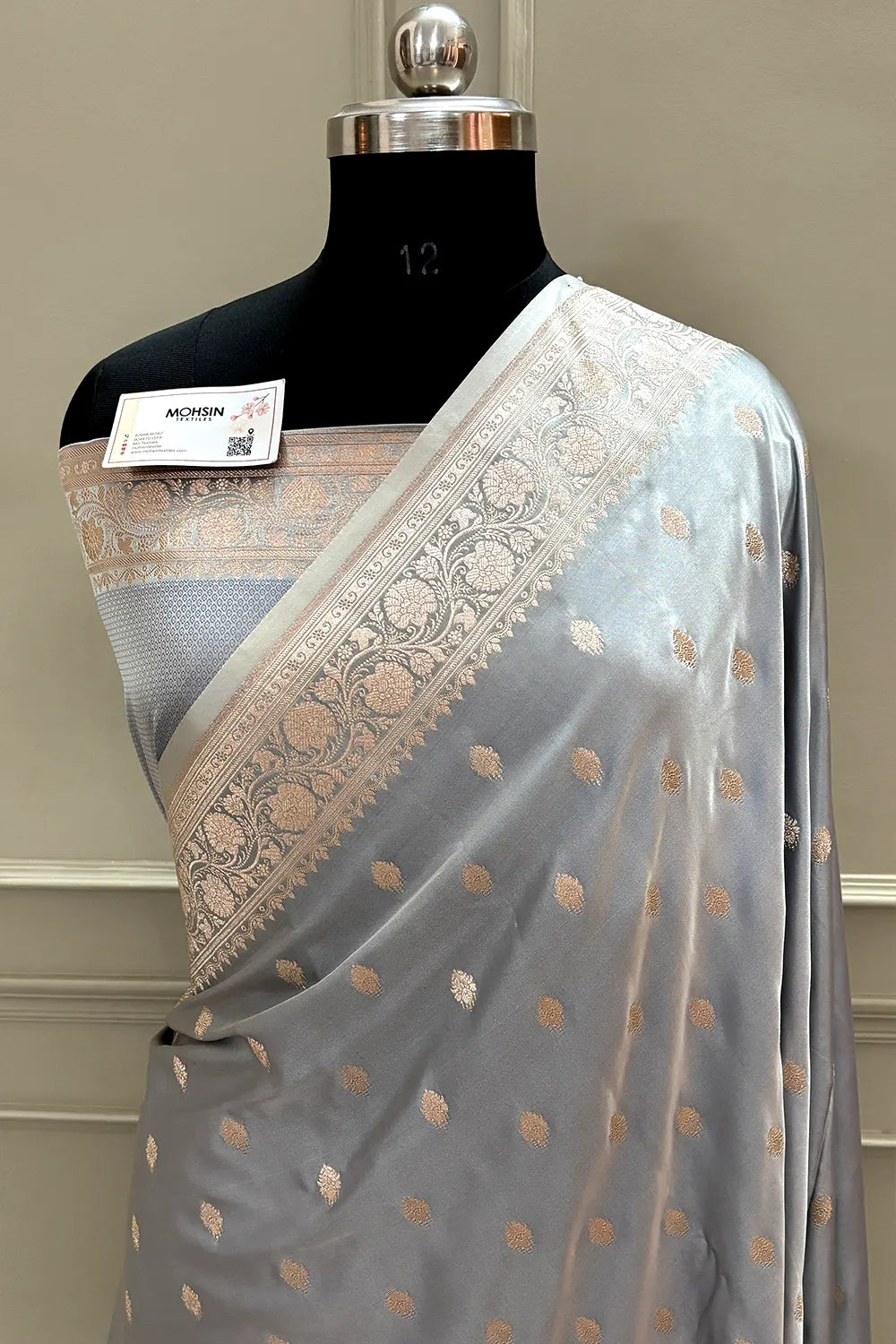 Silver Grey Flying Buti Katan Silk Banarasi Saree