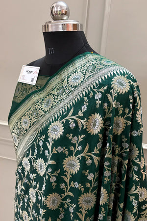 Bottle Green Ganga Jamuna Crepe Silk Banarasi Saree