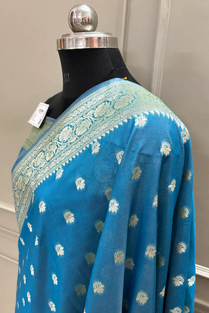 Firozi Ghonga Buti Katan Silk Banarasi Saree