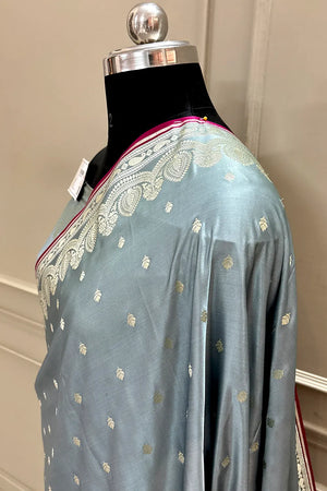 Grey Jadi Buti Katan Silk Banarasi Saree