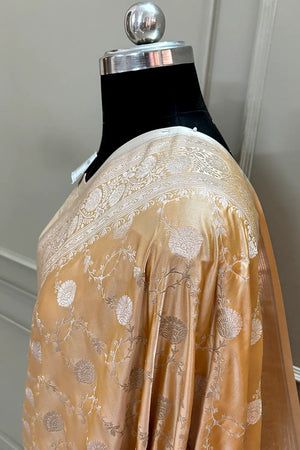 Orangish Peach Ropeway Jaal Katan Silk Banarasi Saree