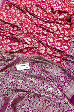 Pink and Purple Maharani Jaal Crepe Silk Banarasi Saree