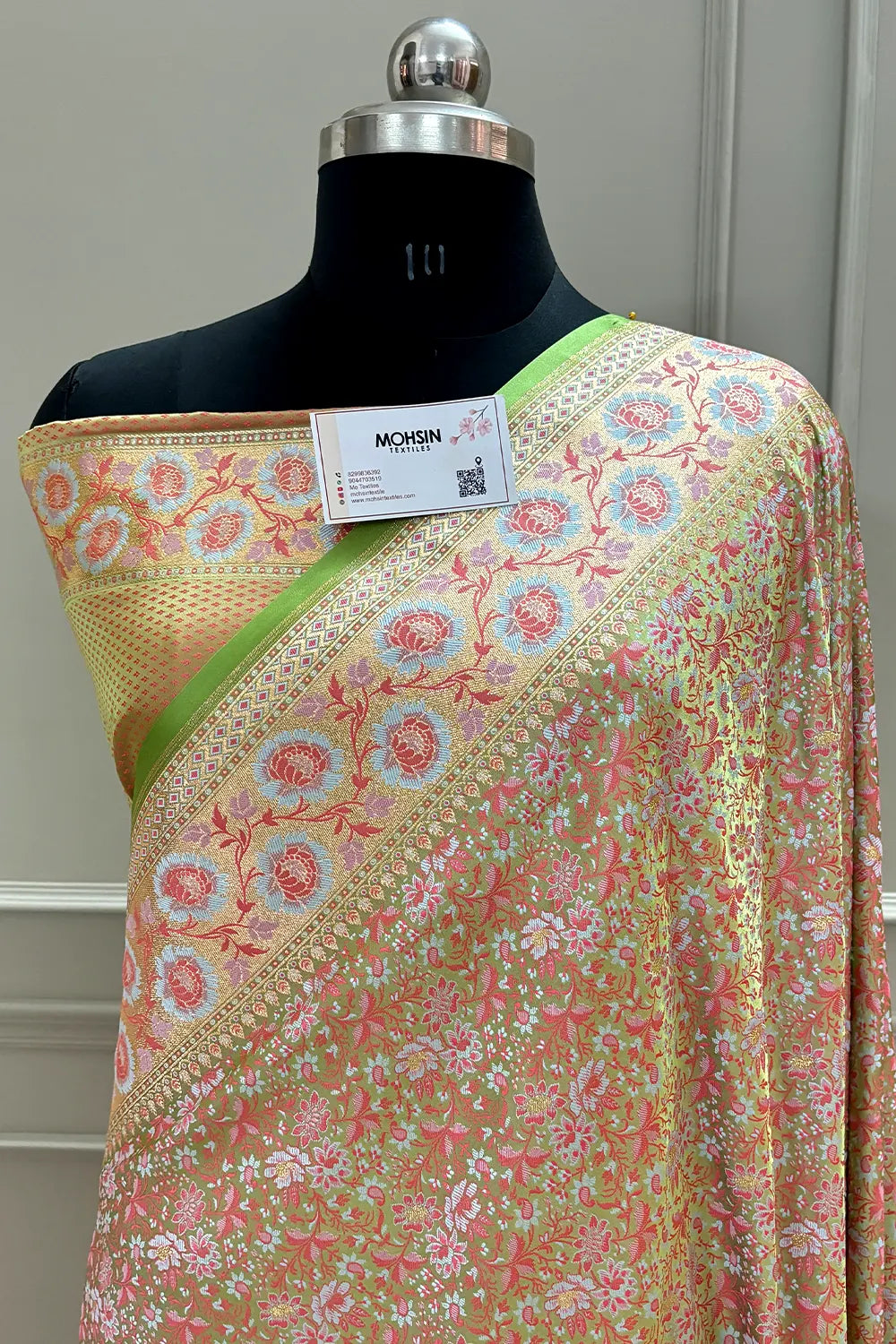Pista and Baby Pink Jungli Jaal Katan Silk Banarasi Saree