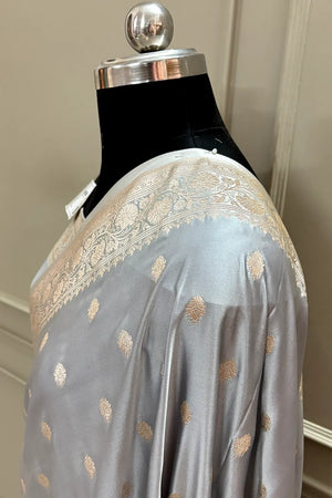 Silver Grey Flying Buti Katan Silk Banarasi Saree