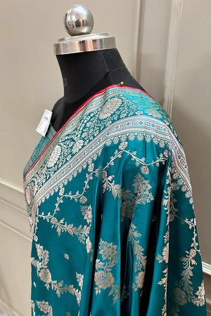 Teal Papakipari Katan Silk Banarasi Saree
