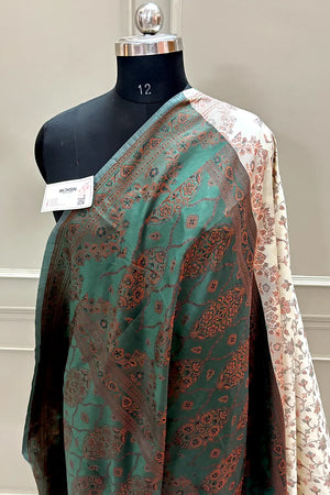 Beige and Bottle Green Resham Silk Banarasi Saree