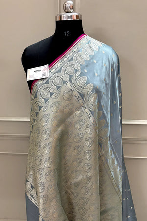 Grey Jadi Buti Katan Silk Banarasi Saree