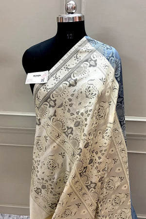 Grey and Beige Plain Resham Silk Banarasi Saree