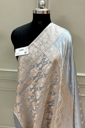 Silver Grey Flying Buti Katan Silk Banarasi Saree