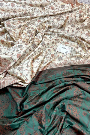 Beige and Bottle Green Resham Silk Banarasi Saree
