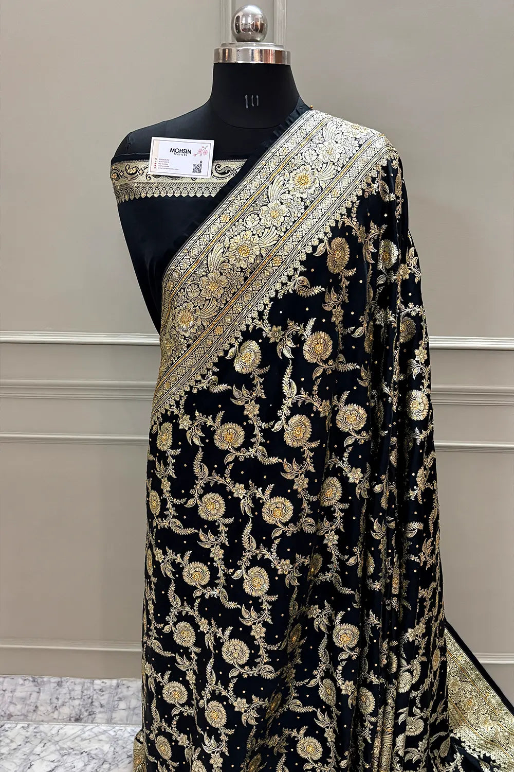 Black Shahanshahi Jaal Stone Work Katan Silk Banarasi Saree