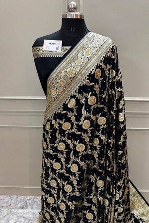 Black Shahanshahi Jaal Stone Work Katan Silk Banarasi Saree