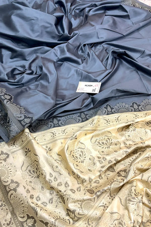 Grey and Beige Plain Resham Silk Banarasi Saree