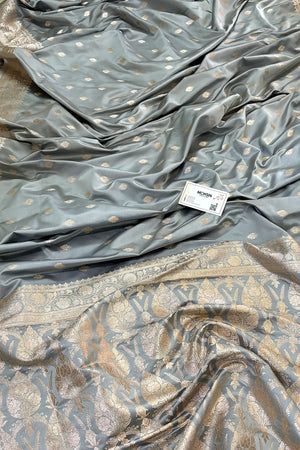 Silver Grey Flying Buti Katan Silk Banarasi Saree