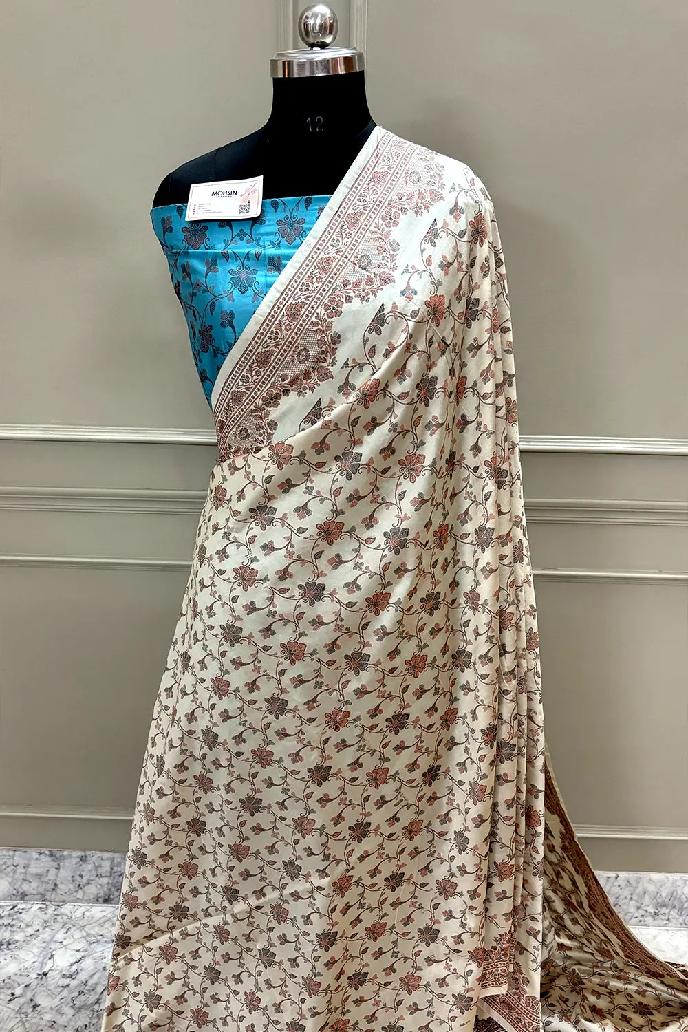 Beige and Firozi Resham Silk Banarasi Saree