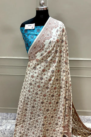 Beige and Firozi Resham Silk Banarasi Saree