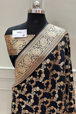 Black Moglai Jaal Katan Silk Banarasi Saree